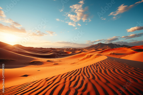 Photo of a breathtaking desert sunset with majestic sand dunes. Sand dunes in the Desert