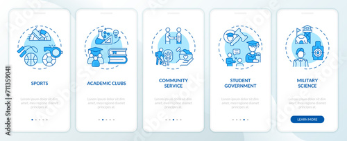 2D icons representing extracurricular activities concepts mobile app screen set. Walkthrough 5 steps blue graphic instructions with thin line icons concept, UI, UX, GUI template.