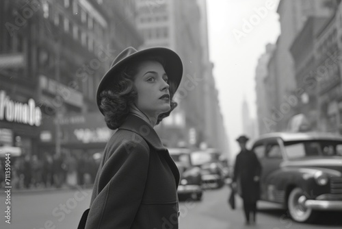 beautiful vintage woman walking thoughtfully through the streets of new york