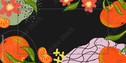 Orange tangerines with hand drawn pencil texture and abstract color spots. Frame, background, postcard. Vector