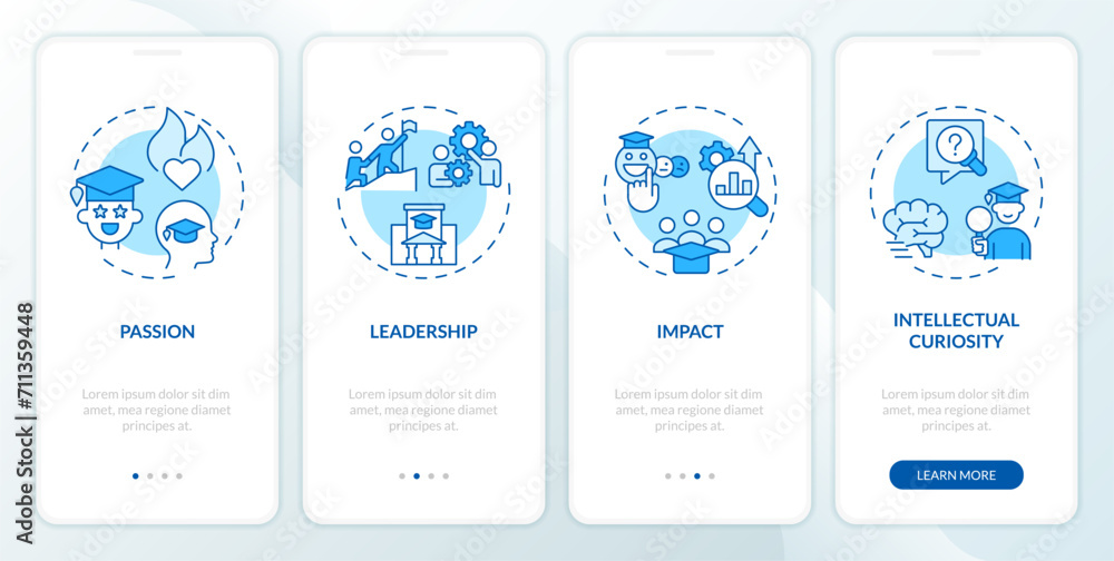 2D icons representing key qualities in applicant for admission mobile app screen set. Walkthrough 4 steps blue graphic instructions with line icons concept, UI, UX, GUI template.