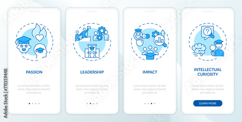 2D icons representing key qualities in applicant for admission mobile app screen set. Walkthrough 4 steps blue graphic instructions with line icons concept, UI, UX, GUI template.