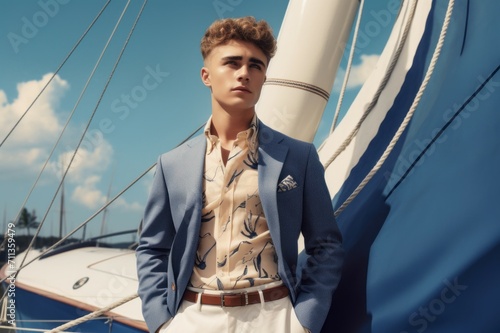Fashionable male student nautical portrait. Trendy modern rich guy posing on personal yacht. Generate ai © nsit0108