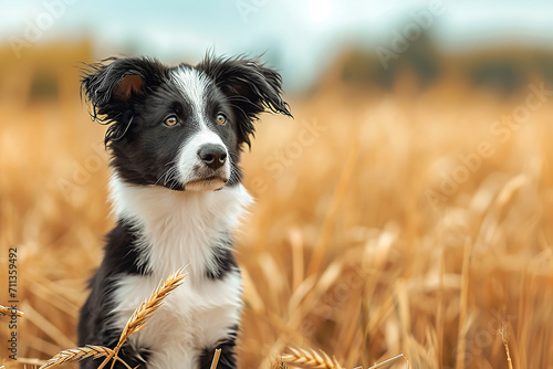 Border collie puppy in a stubblefield  photo
