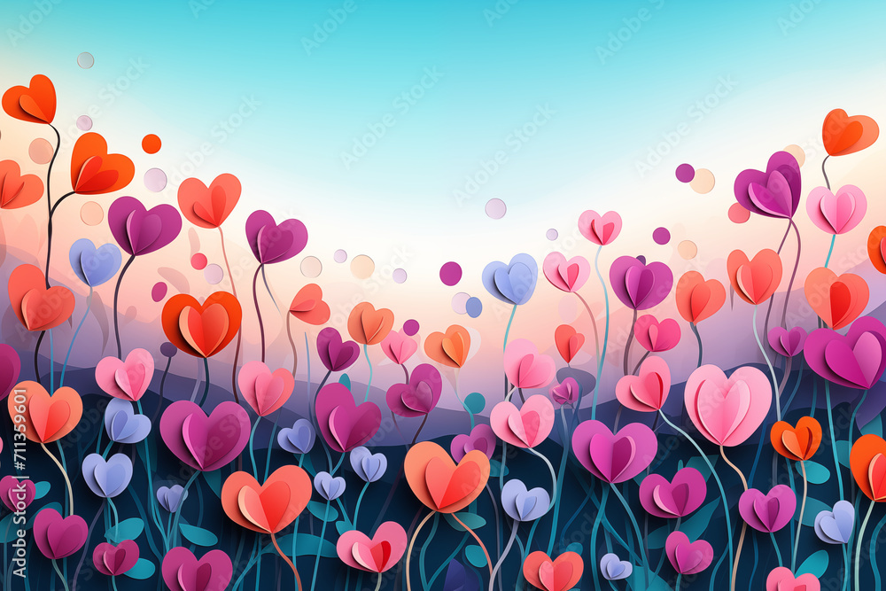 a field filled with lots of different colored hearts, vector art, paper craft, stylized flowers, Valentine's Day background