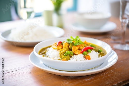 prawn curry with vibrant green peas on white rice bed