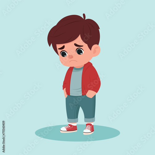 Little boy looking down and upset cartoon character illustration