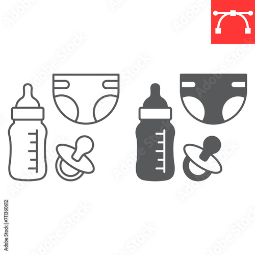 Baby products line and glyph icon, grocery store and newborn, baby bottle with diaper and nipple vector icon, vector graphics, editable stroke outline sign, eps 10.