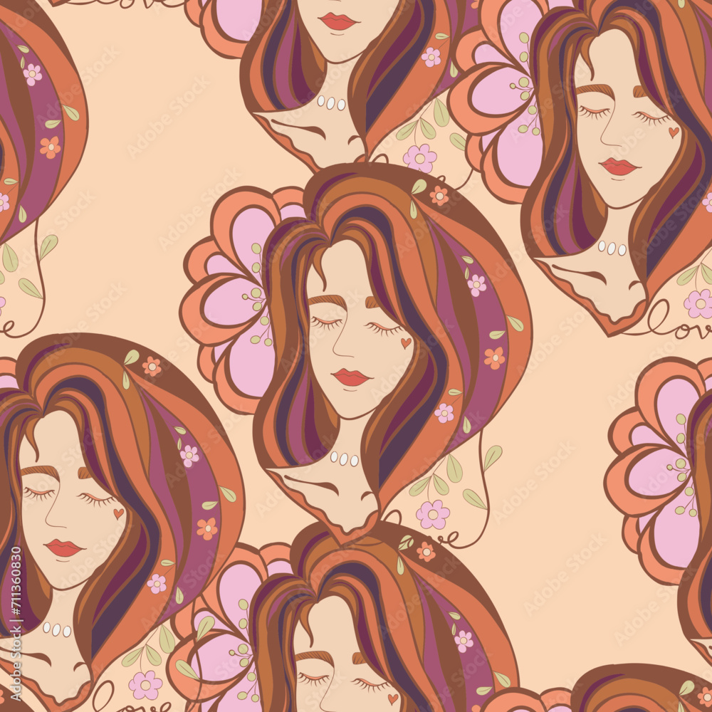 Abstract head of woman with love calligraphy, Textile design by creating repeating patterns as seamless Abstract head of woman with love calligraphy, Textile design by creating repeating patterns as seamless