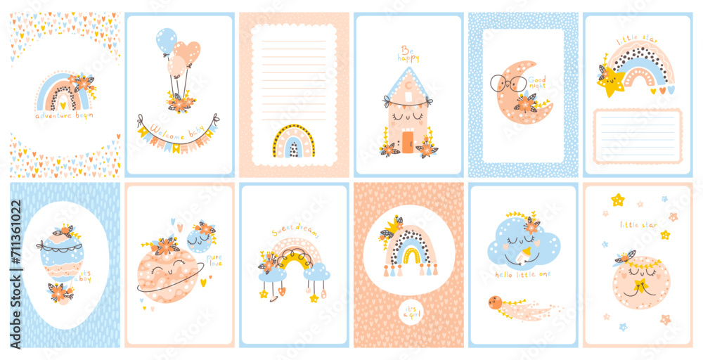 Baby shower boho template set. Vertical cards with rainbows, flowers, inscriptions. Cute hand drawn illustrations in a simple cartoon doodle style in a limited edition gender neutral palette.
