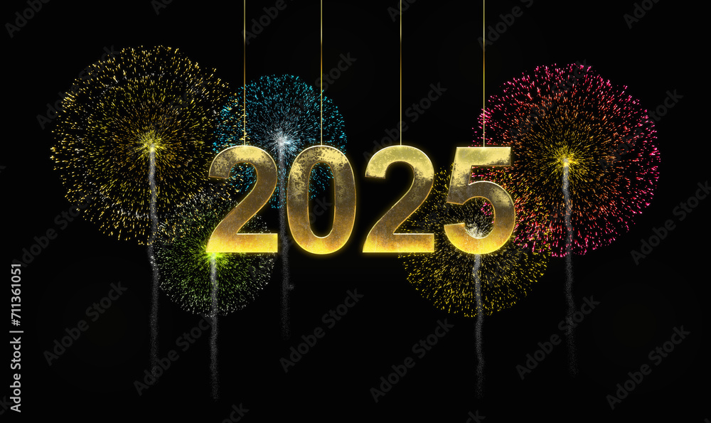 Happy new year 2025. Hanging golden text of 2025 on the night