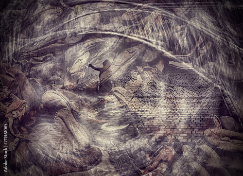 Auschwitz: Camp of death. Ghosts of tortured prisoners of the Auschwitz concentration camp. Silhouettes of old men, women, and children were tortured and murdered in the concentration camp.