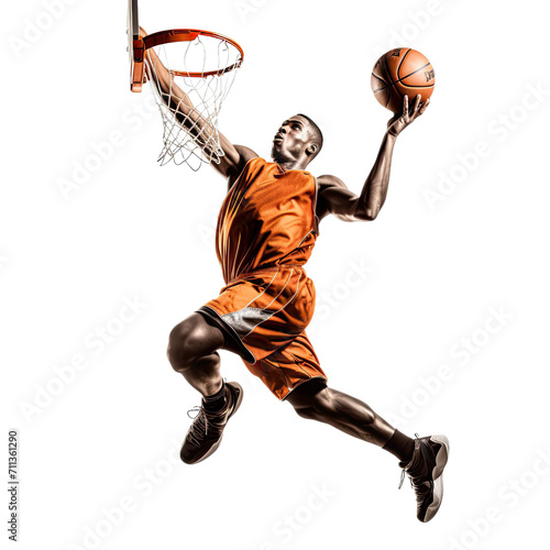 Basketball player dunking a Basketball ball in the hoop isolated on white background © shamim