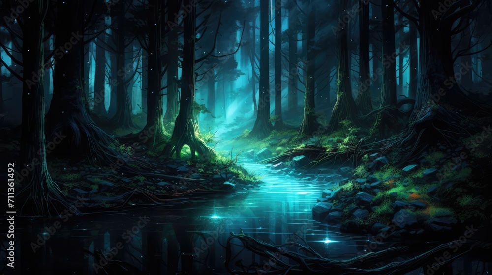 Enchanted forest scenery with mystical glowing river. Fantasy landscape.