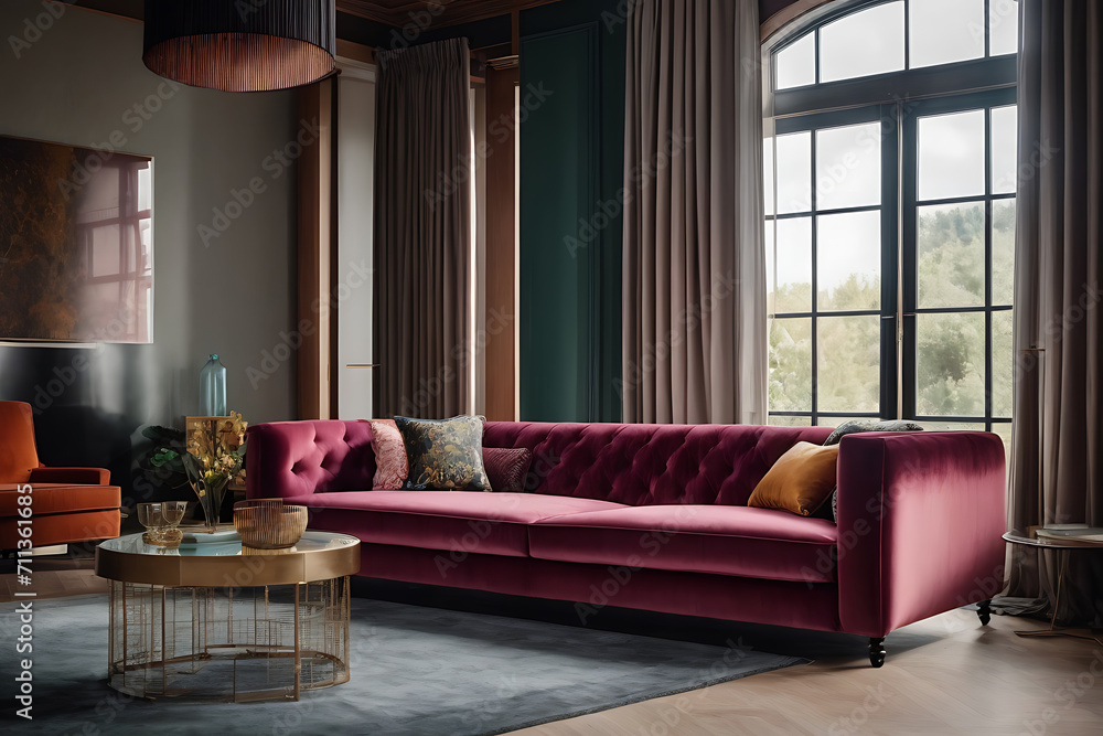 Fototapeta premium Living Room With Furniture and Large Window. Generative AI.