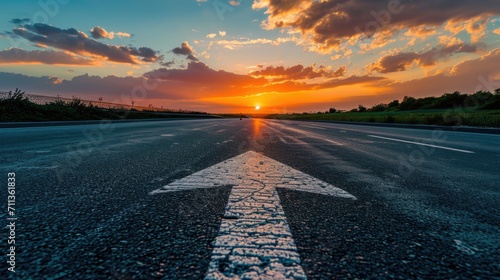 Road to the horizon. Concept of initial planning and problem solving or career path, business strategy, opportunity and change on sunset background.
