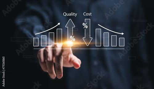 Cost and quality control concept. Person touch virtual cost and quality icons to Improve work efficiency for quality control and company cost reduction. Successful organization strategy and management