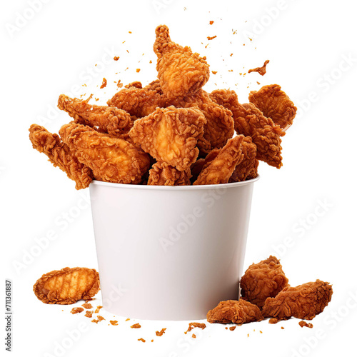 Fried chicken flying out of paper bucket isolated on white background