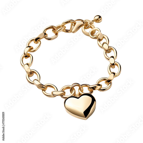 Gold bracelet with gold heart shaped pendant isolated on white background photo
