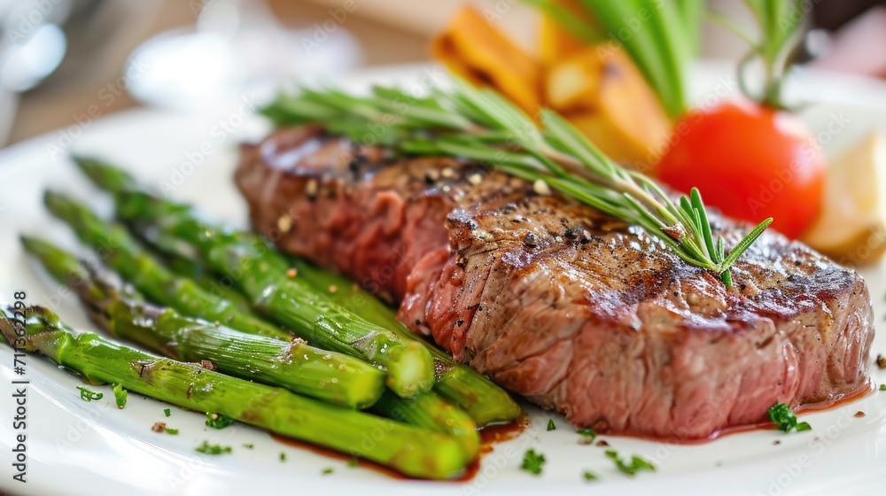 Juicy steak with perfect grill marks. Meat on a white plate along with asparagus. Fresh vegetables in the background. Detoxification and healthy eating concept. - obrazy, fototapety, plakaty 