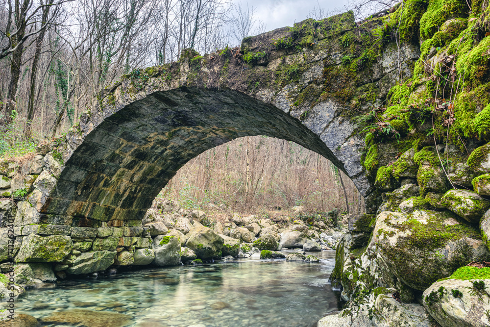 Antique Roman bridge crossing a mountain stream. Beautiful historical ruins inside a forest. Stremiz village, Faedis, Udine province, Italy