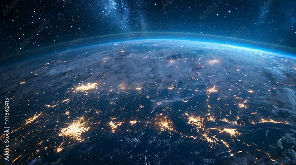 Fototapeta premium Top view of a night planet with glowing city lights. 