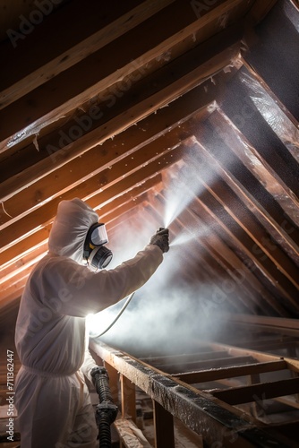 Man spraying foam insulation to insulate attic Generative Ai