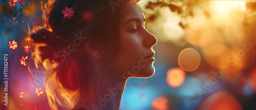 Whispers of Nature: A Young Woman's Contemplative Profile Against a Backdrop of Ethereal Light and Floating Blossoms