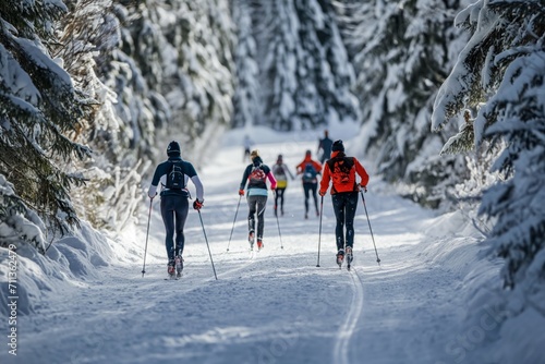 Cross country skiers racing on the ski competitions in a pine forest ski track photo