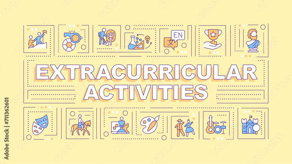 Extracurricular activities text with various thin line icons concept on green monochromatic background, editable 2D vector illustration.