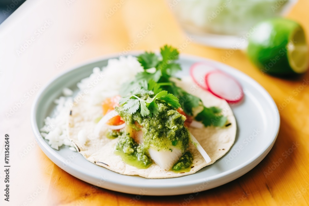 drizzling salsa verde on a fish taco, lime aside drizzling salsa verde on a fish taco, lime aside