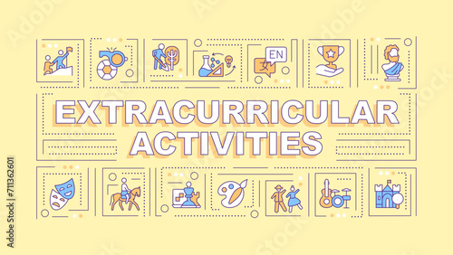 Extracurricular activities text with various thin line icons concept on green monochromatic background, editable 2D vector illustration.