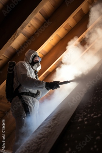 Man spraying foam insulation to insulate attic Generative Ai