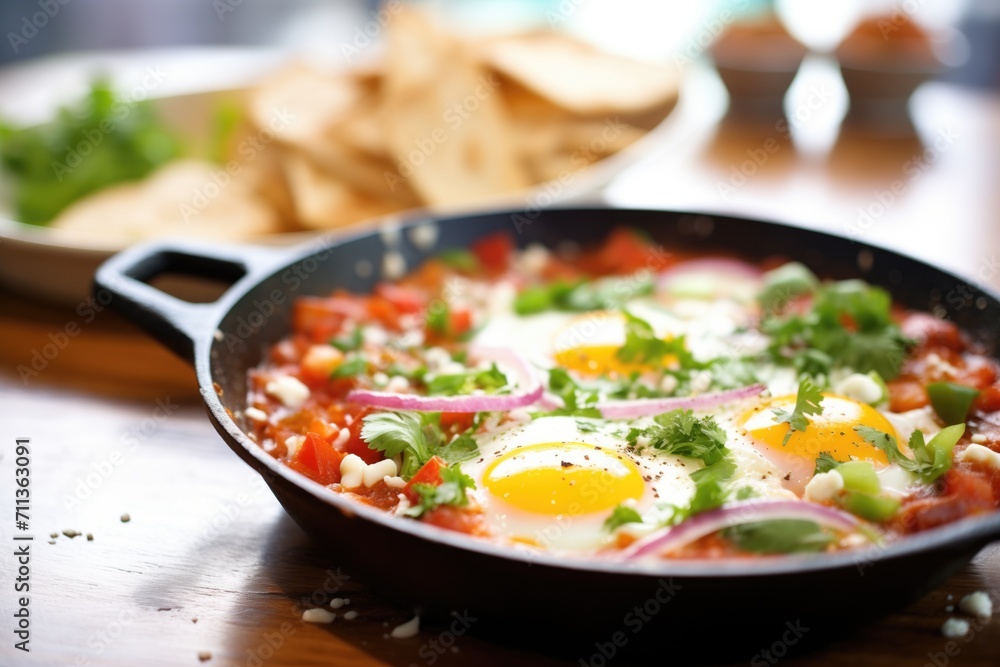 artistic angle of shakshuka with a focus on the eggs