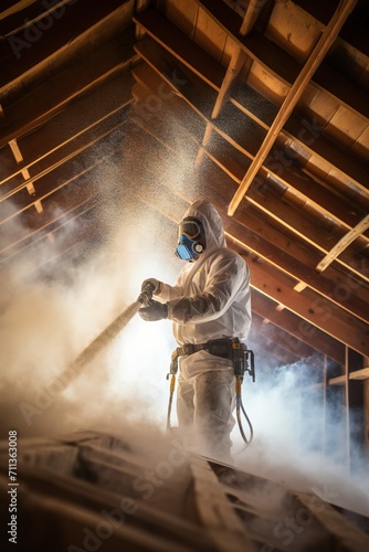 Man spraying foam insulation to insulate attic Generative Ai