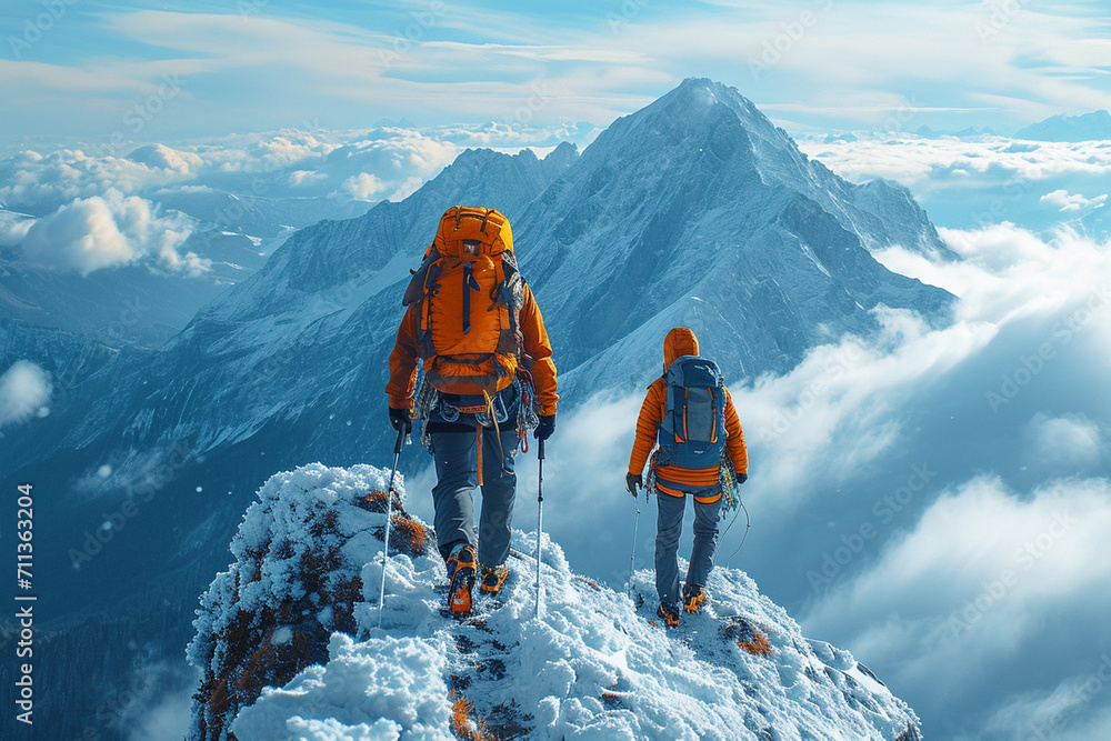 people climbing at the top of a snowy mountain.