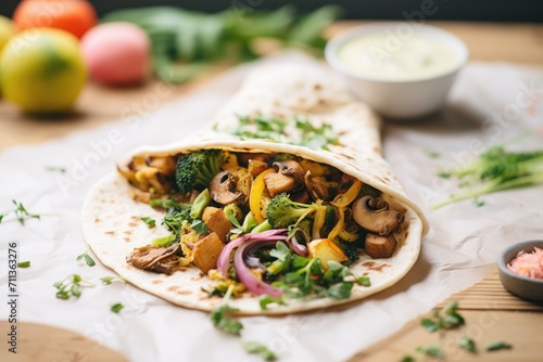 vegan shawarma with grilled vegetables and tahini, on parchment