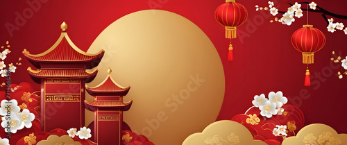 Chinese New Year concept. AI illustration background. Blossoms and lanterns - celestial dance of the new year. Extra wide banner