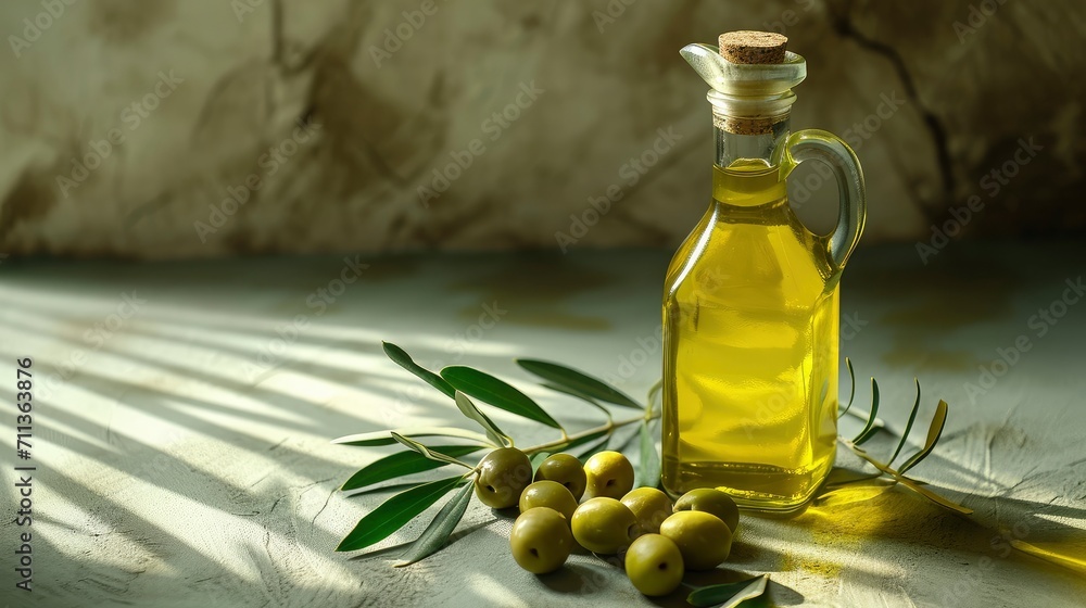 Extra Virgin Olive Oil in a Glass Bottle with Fresh Olives and Green Leaves on a Textured Background. Extra Virgin Olive Oil in a Glass Bottle with Fresh Olives and Green Leaves on a Textured Background.