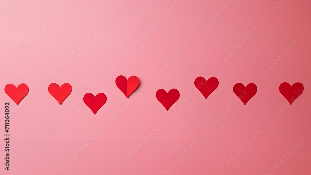 Sculpted Hearts in a row - red paper hearts on red canvas. AI illustration art background.