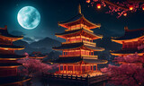 night of prosperity and tradition, night pagoda and moonlight. Chinese New Year concept AI illustration