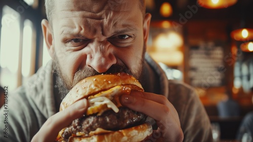 Brutal man enjoying a huge hamburger. Lifestyle and fast food concept