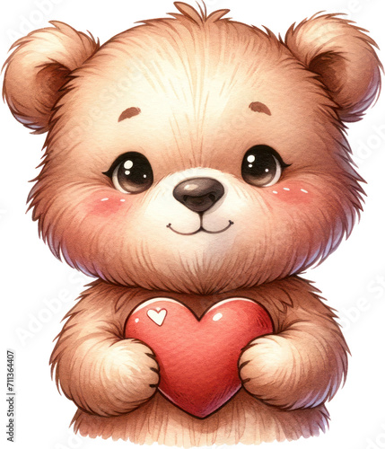 Cute bear and heart watercolor illustration. Generative AI