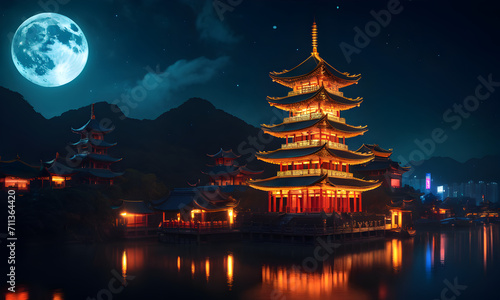 serene festival by the lake, Chinese New Year concept. AI illustration.
