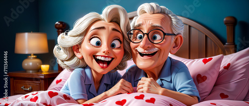 An animated old couple is laying in bed and smiling. 