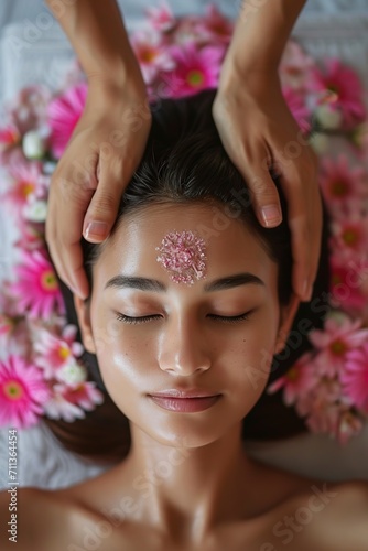 hands in a spa massaging the head of a thai beauty woman photo