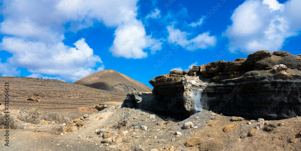 Panorama view of the most unique rock formations in Lanzarote. Called Stratified City or Antigua rofera de Teseguite. Canary Islands, Spain, Europe