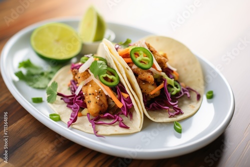 spicy chicken tacos with red cabbage slaw and jalapenos