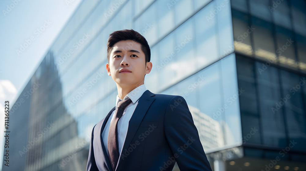 A successful young businessman wearing a suit stands in front of a skyscraper.