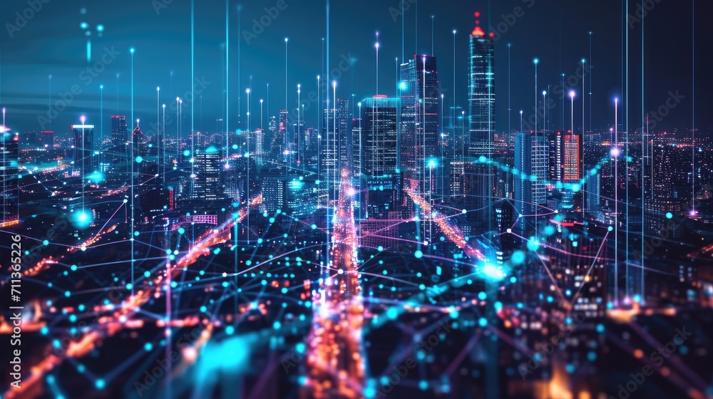 The holographic network mapping the future in a futuristic city